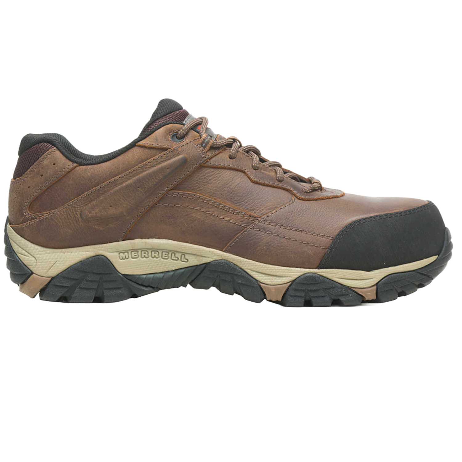 Brown leather low-top shoes with black toe caps and a visible Merrell logo, designed for work with a rugged outsole.