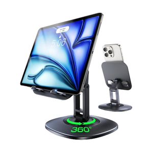 A tablet and smartphone are displayed on adjustable, 360-degree rotating stands, emphasizing versatility for device positioning.
