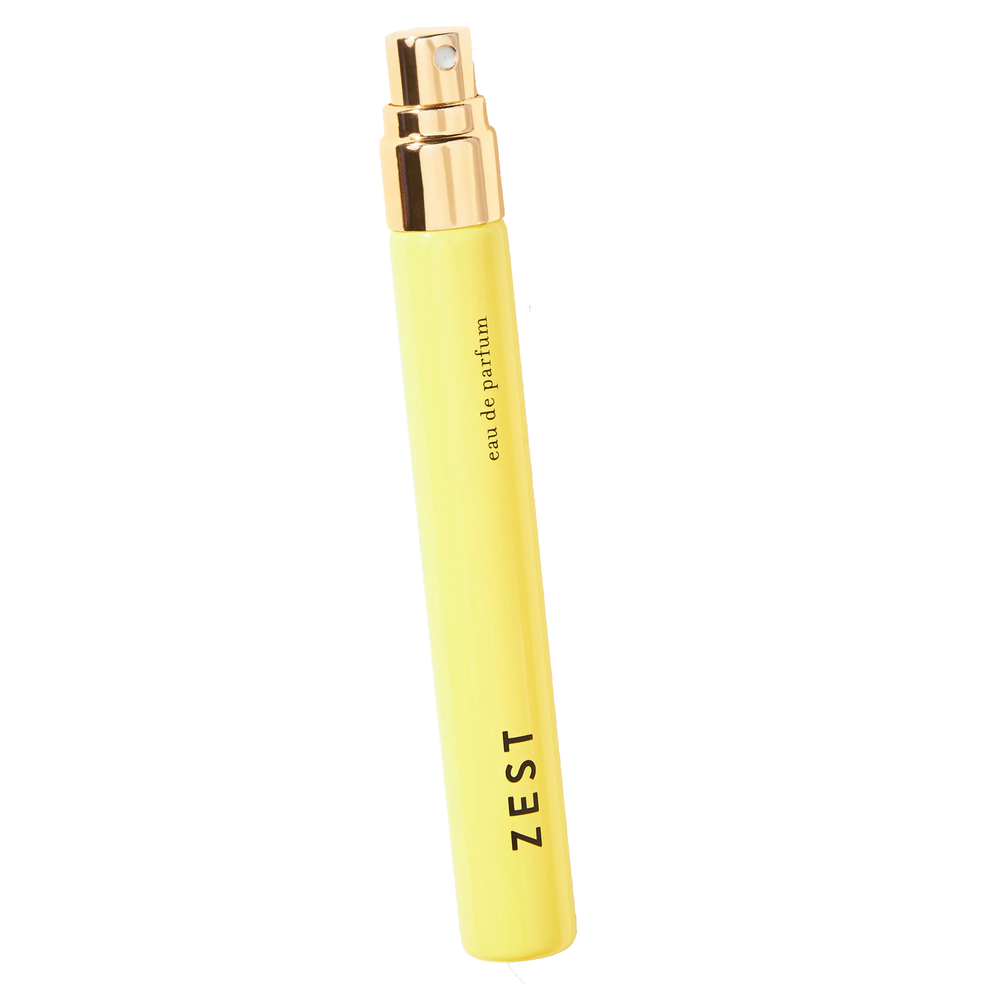 Yellow Zest eau de parfum spray with a gold nozzle, featuring the words \“eau de parfum\“ and \“ZEST\“ on the bottle.