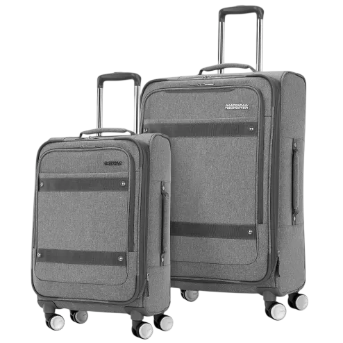 Two gray rolling suitcases with extendable handles and multi-directional wheels, varying in size for versatile travel needs.
