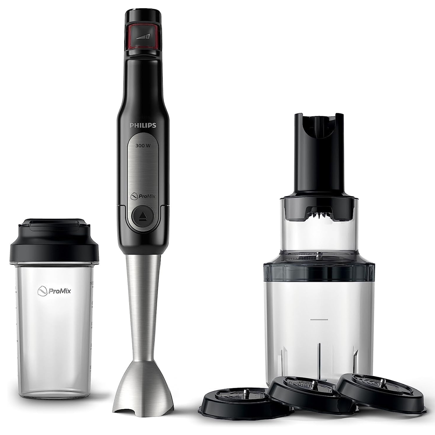 Philips ProMix 300W hand blender set with a main blender, blending jar, and attachments for chopping and mixing.
