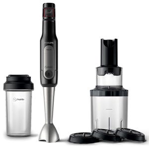 Philips ProMix 300W hand blender set with a main blender, blending jar, and attachments for chopping and mixing.