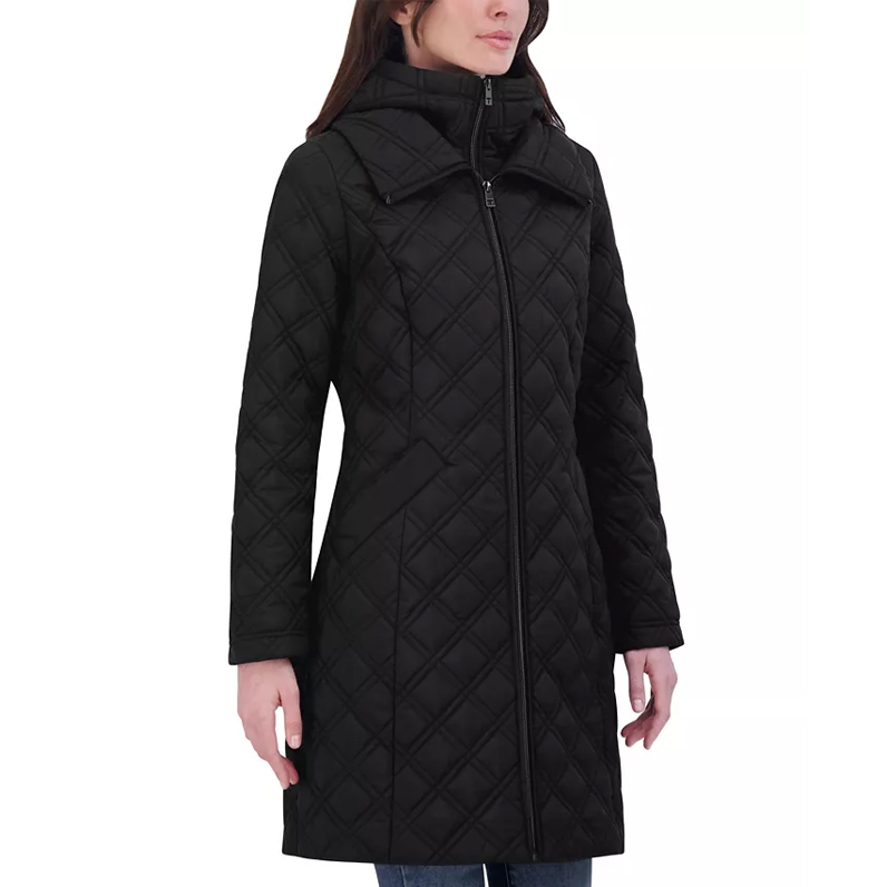 A black quilted coat featuring a full front zip, a high collar, and long sleeves.