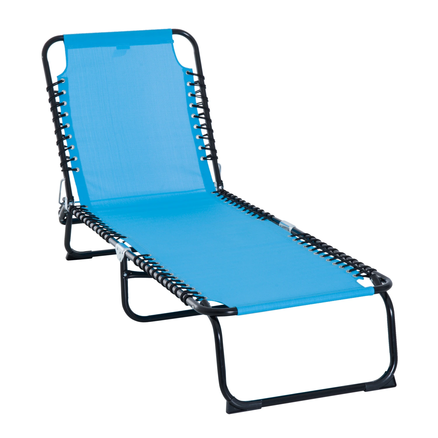 A blue metal chaise lounger with a lightweight frame, featuring a taut fabric seat and adjustable reclining backrest, supported by sturdy black legs with bungee cord accents along the edges.