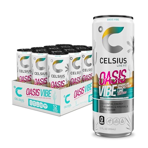 Celsius Oasis Vibe Sparkling Prickly Pear Lime energy drinks are shown, highlighting essential energy benefits, vitamins, minerals, and zero sugar. The packaging displays a 12-pack of 12 fl oz (355 mL) cans.