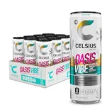 Celsius Oasis Vibe Sparkling Prickly Pear Lime energy drinks are shown, highlighting essential energy benefits, vitamins, minerals, and zero sugar. The packaging displays a 12-pack of 12 fl oz (355 mL) cans.