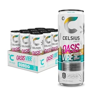 Celsius Oasis Vibe Sparkling Prickly Pear Lime energy drinks are shown, highlighting essential energy benefits, vitamins, minerals, and zero sugar. The packaging displays a 12-pack of 12 fl oz (355 mL) cans.