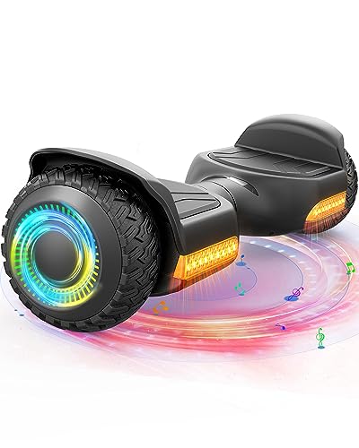 A hoverboard with colorful LED lights on the wheels and body, designed for balance and self-navigation.