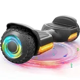 A hoverboard with colorful LED lights on the wheels and body, designed for balance and self-navigation.