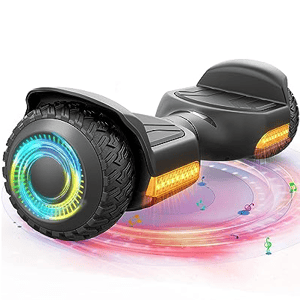 A hoverboard with colorful LED lights on the wheels and body, designed for balance and self-navigation.