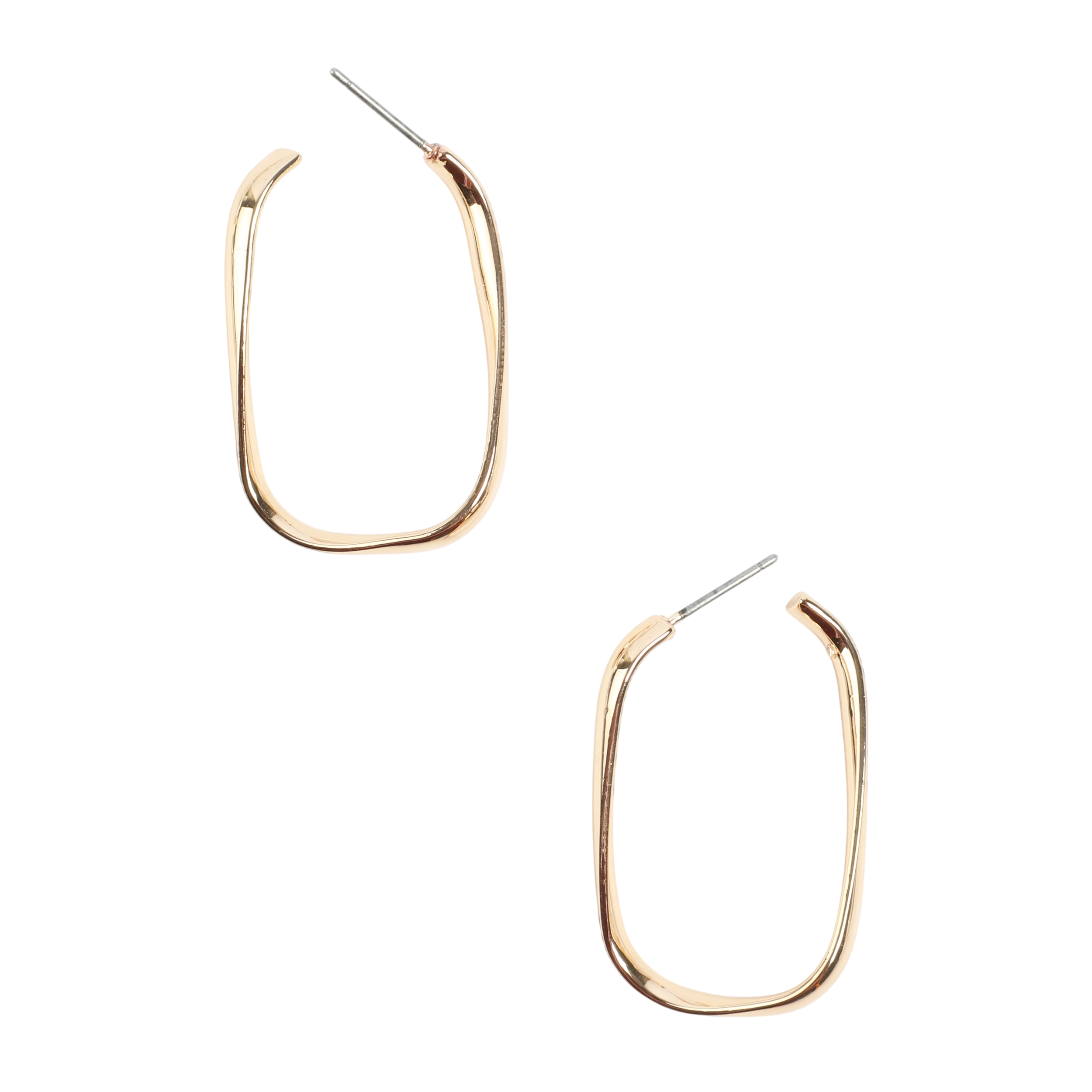 Gold-toned hoop earrings with a unique, irregular shape and straight post backs.