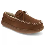 A brown moccasin-style slipper with a fuzzy interior, decorative laces, and contrast stitching around the toe and opening.