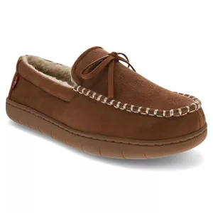 A brown moccasin-style slipper with a fuzzy interior, decorative laces, and contrast stitching around the toe and opening.