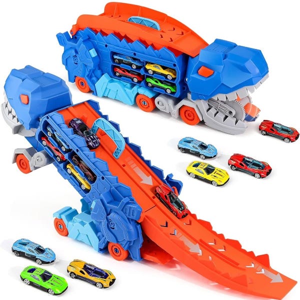 Dinosaur-themed toy car carrier and playset featuring a blue and orange design with stored miniature cars. It includes a ramp for launching the cars.