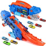 Dinosaur-themed toy car carrier and playset featuring a blue and orange design with stored miniature cars. It includes a ramp for launching the cars.
