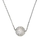 A necklace features a spherical pendant encrusted with small, sparkling stones, set on a delicate chain.