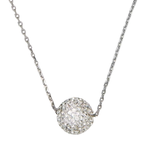A necklace features a spherical pendant encrusted with small, sparkling stones, set on a delicate chain.
