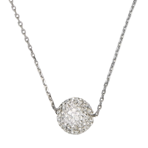 A necklace features a spherical pendant encrusted with small, sparkling stones, set on a delicate chain.