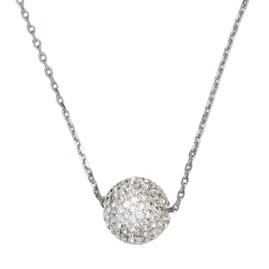 A necklace features a spherical pendant encrusted with small, sparkling stones, set on a delicate chain.