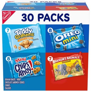 Nabisco 30-pack variety includes 7 Teddy Grahams (honey), 8 Oreo Mini, 8 Chips Ahoy! Mini, and 7 Barnum's Animals Crackers.