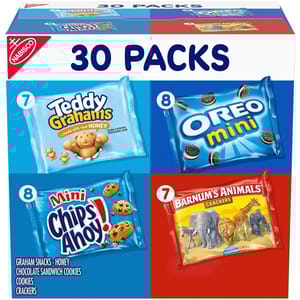 Nabisco 30-pack variety includes 7 Teddy Grahams (honey), 8 Oreo Mini, 8 Chips Ahoy! Mini, and 7 Barnum's Animals Crackers.