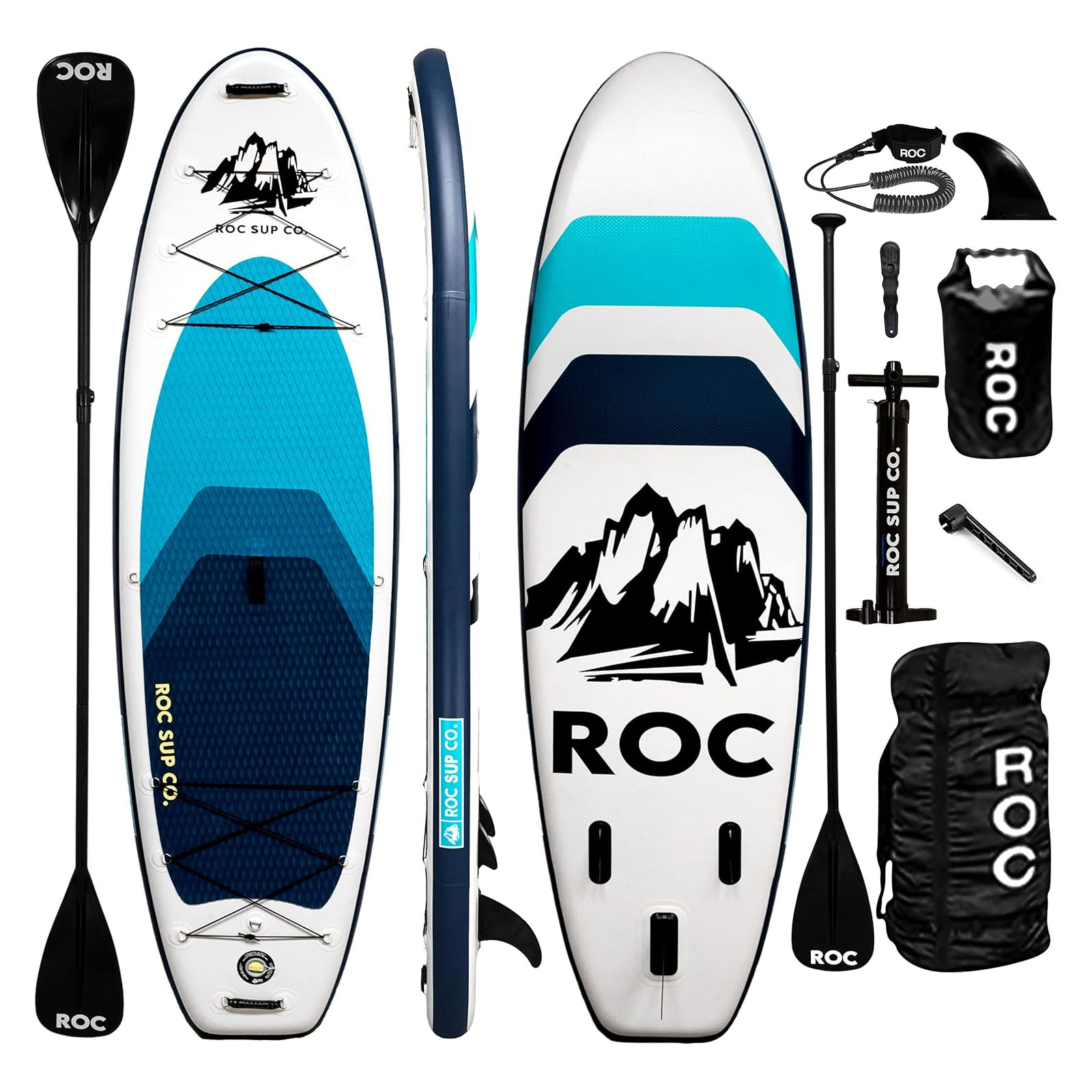 Inflatable stand-up paddleboard set with paddle, pump, ankle leash, fin, carry bag, and dry bag, featuring a mountain graphic design from ROC SUP Co.