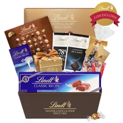Lindt gift basket featuring Swiss Luxury Selection, Mini Pralines, Excellence chocolate bars (including sea salt and 78% cocoa), Classic Recipe milk chocolate, assorted truffles, and a gold-wrapped chocolate box.