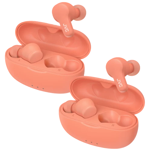Two pairs of coral JVC wireless earbuds with charging cases.