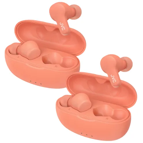 Two pairs of coral JVC wireless earbuds with charging cases.