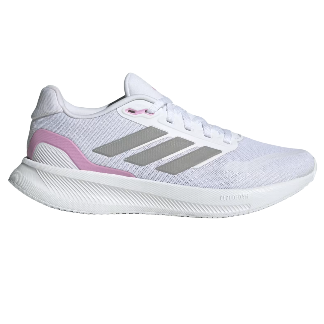 Adidas Women's Runfalcon 5 Shoes are lightweight running sneakers featuring a white mesh upper with pink and gray accents, signature three stripes, and a cushioned Cloudfoam midsole for comfort.