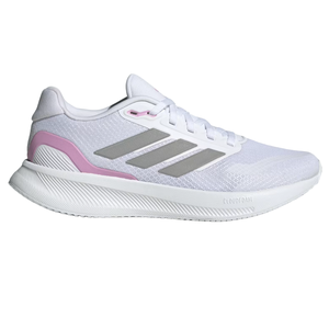 Adidas Women's Runfalcon 5 Shoes are lightweight running sneakers featuring a white mesh upper with pink and gray accents, signature three stripes, and a cushioned Cloudfoam midsole for comfort.