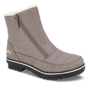 A taupe winter boot with a side zipper, faux fur lining, and a textured black sole, featuring the brand name \“JBU\“ on the heel.