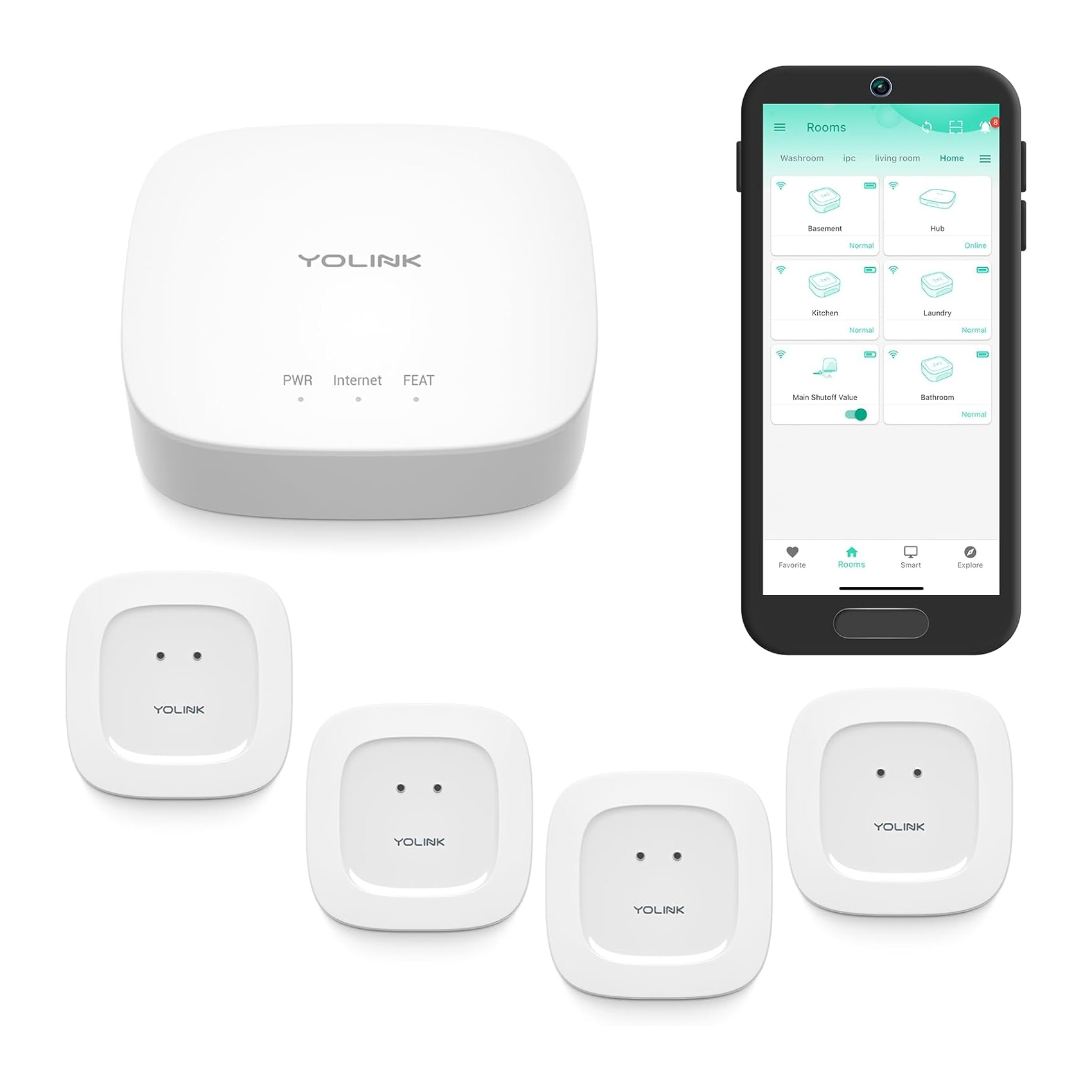 YoLink 4-pack Smart Home Leak Sensors, featuring a hub and app for monitoring water leaks in various rooms, enhancing home safety by alerting users through their smartphone.