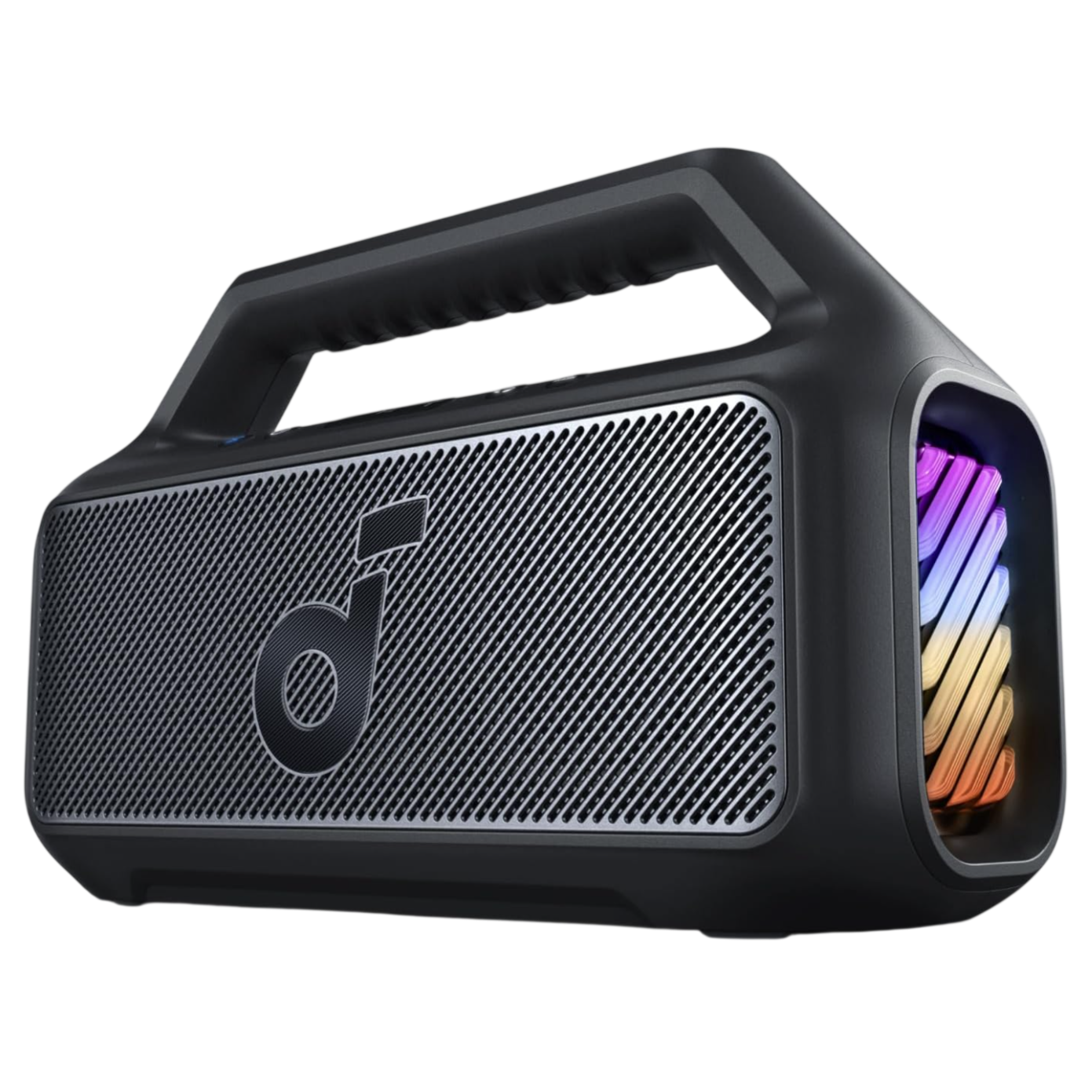 A portable Bluetooth speaker with a carrying handle, featuring a mesh grille and multicolored LED lights.