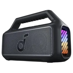 A portable Bluetooth speaker with a carrying handle, featuring a mesh grille and multicolored LED lights.