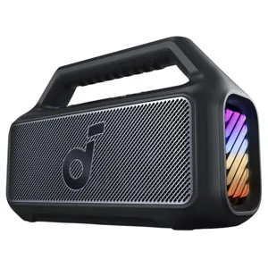 A portable Bluetooth speaker with a carrying handle, featuring a mesh grille and multicolored LED lights.