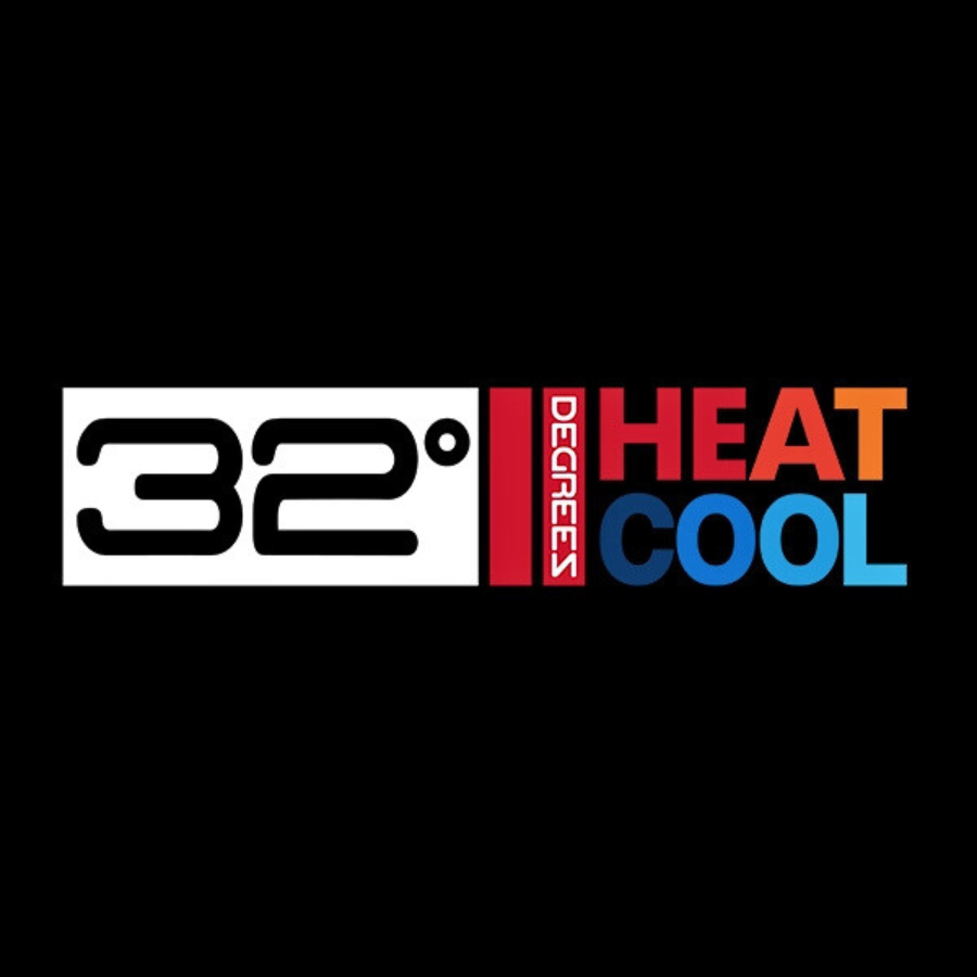 Logo of 32 Degrees with \“Heat Cool\“ in red and blue text, likely representing temperature-related clothing or accessories.
