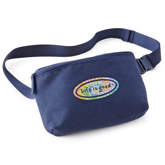 A navy blue belt bag with an adjustable strap featuring a multicolored oval logo that reads \“Life is Good.\“