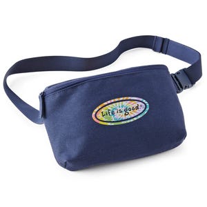 A navy blue belt bag with an adjustable strap featuring a multicolored oval logo that reads \“Life is Good.\“