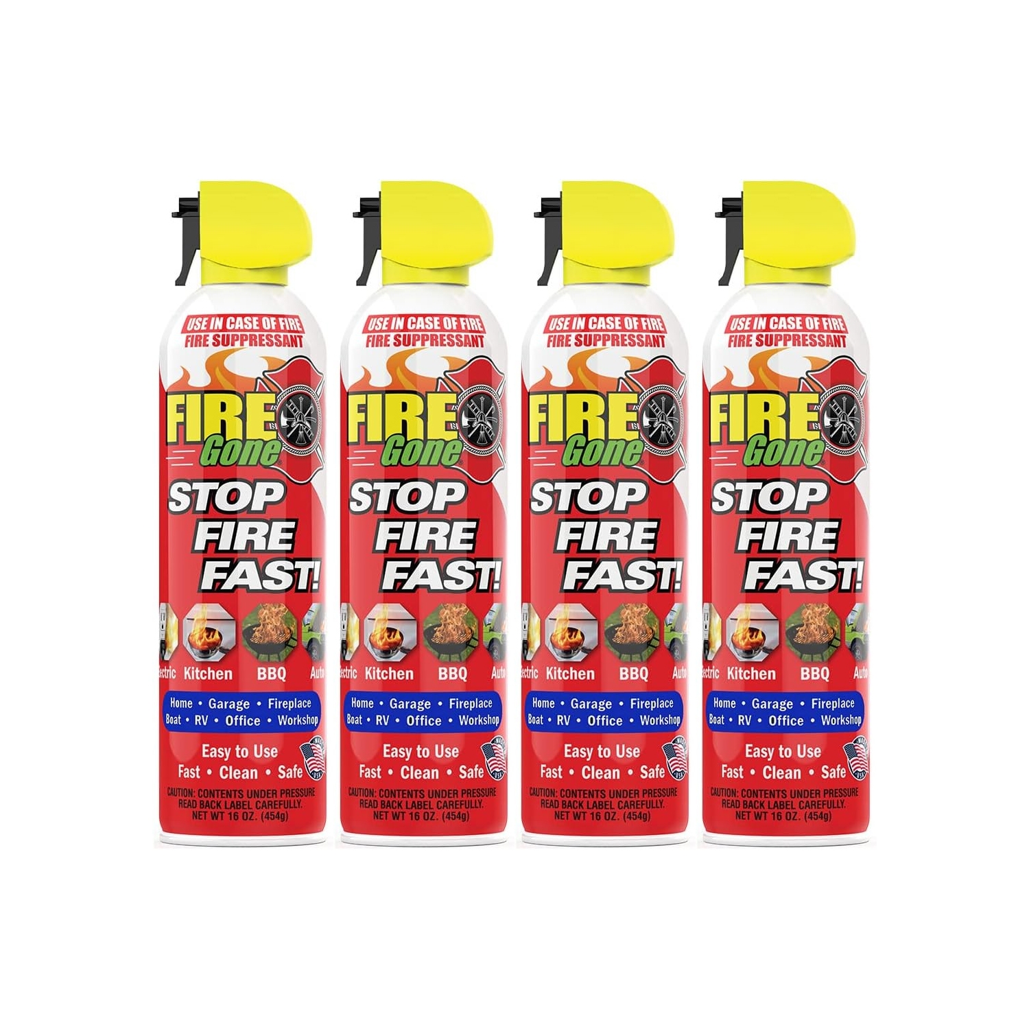 4-pack of Fire Gone fire suppressant spray cans, each 16 oz, with a red and yellow design. Suitable for use in kitchens, BBQs, homes, garages, fireplaces, boats, RVs, offices, and workshops, promoting fast, clean, and safe fire suppression.