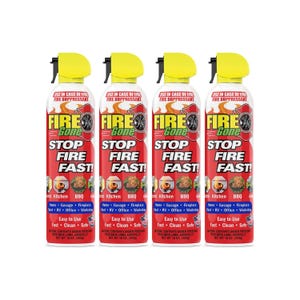 4-pack of Fire Gone fire suppressant spray cans, each 16 oz, with a red and yellow design. Suitable for use in kitchens, BBQs, homes, garages, fireplaces, boats, RVs, offices, and workshops, promoting fast, clean, and safe fire suppression.