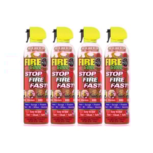 4-pack of Fire Gone fire suppressant spray cans, each 16 oz, with a red and yellow design. Suitable for use in kitchens, BBQs, homes, garages, fireplaces, boats, RVs, offices, and workshops, promoting fast, clean, and safe fire suppression.