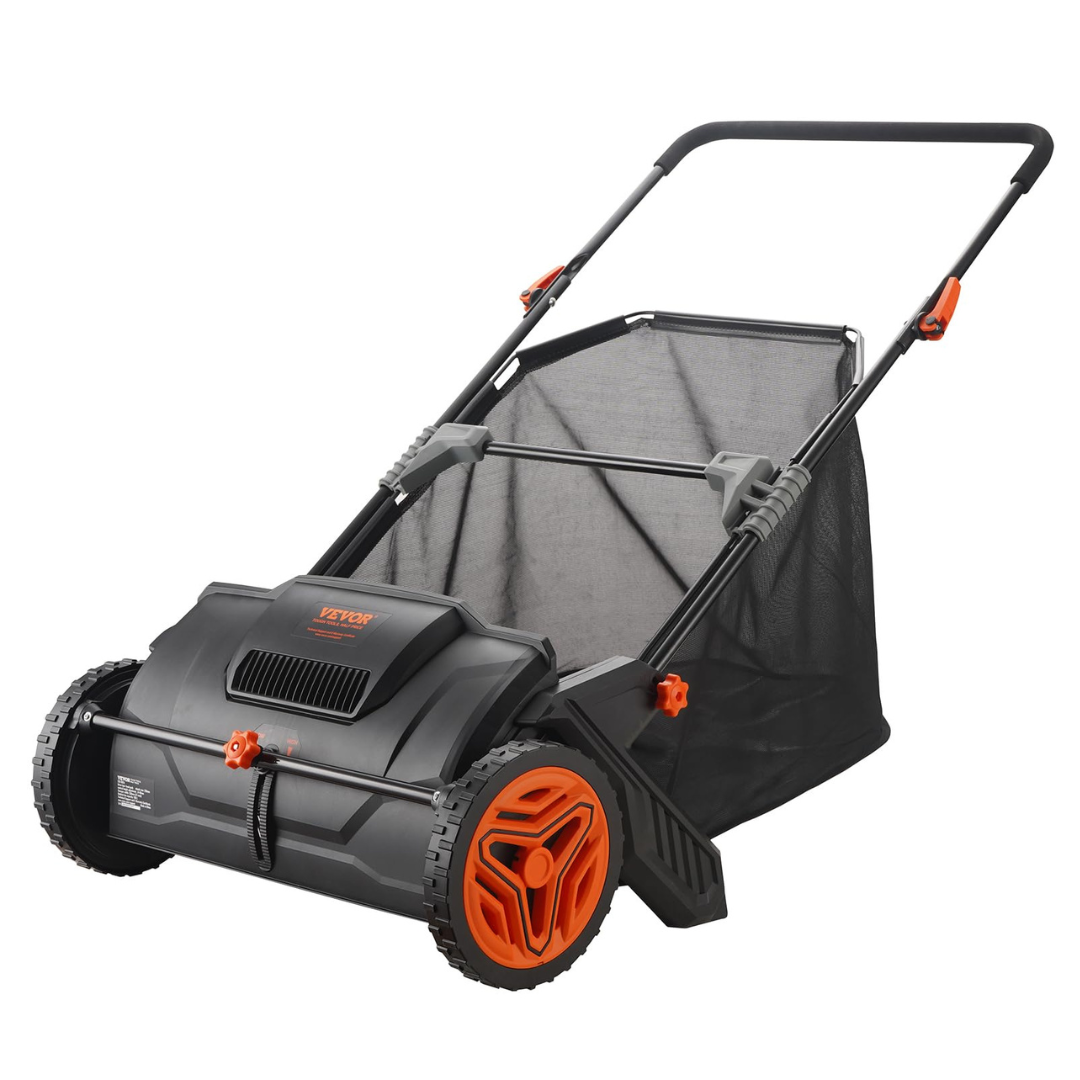 A black and orange lawn sweeper with large wheels, designed for collecting leaves and debris. Features a mesh collection bag and adjustable handle.