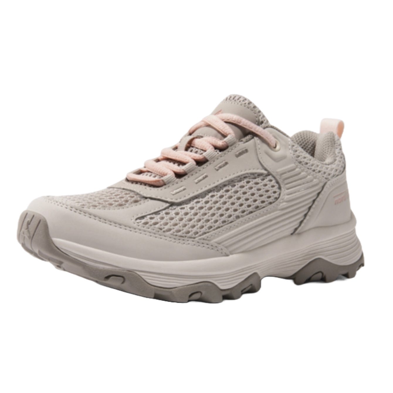 A light grey and pink athletic shoe featuring mesh panels for breathability, a textured sole for traction, and a comfortable, cushioned interior.