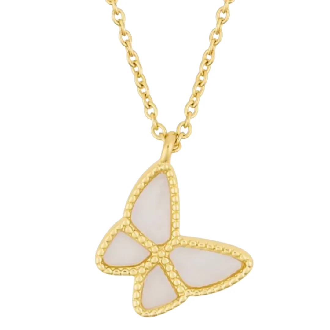 A gold chain necklace features a butterfly-shaped pendant with white inlays and textured edges.