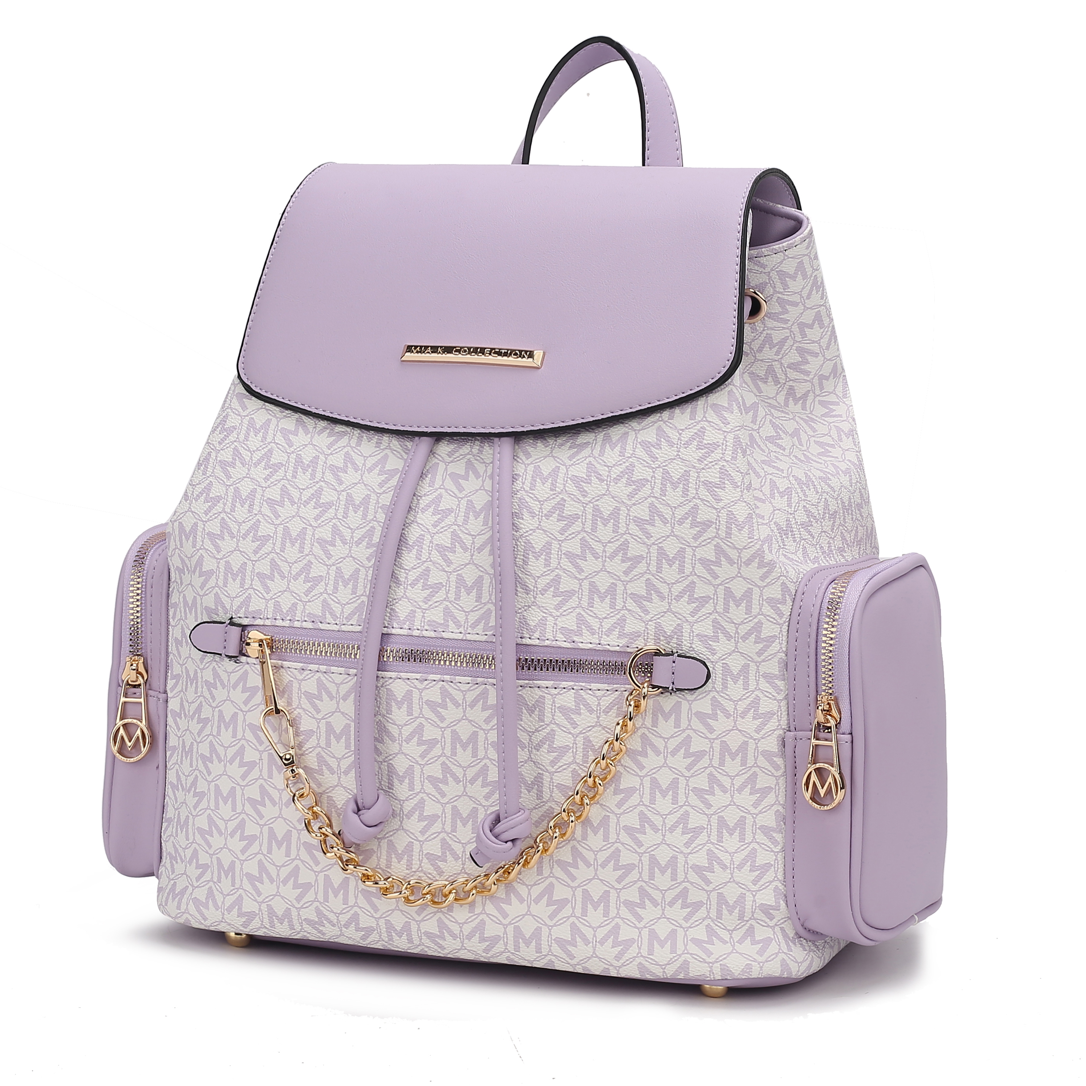 Lavender backpack with a flap closure, gold accents, and dual side zippered compartments. It features a repeating M pattern and a decorative gold chain on the front.