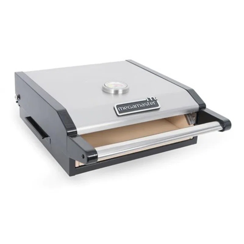 Megamaster pizza oven box designed for outdoor use, with a built-in temperature gauge and durable stainless steel construction.