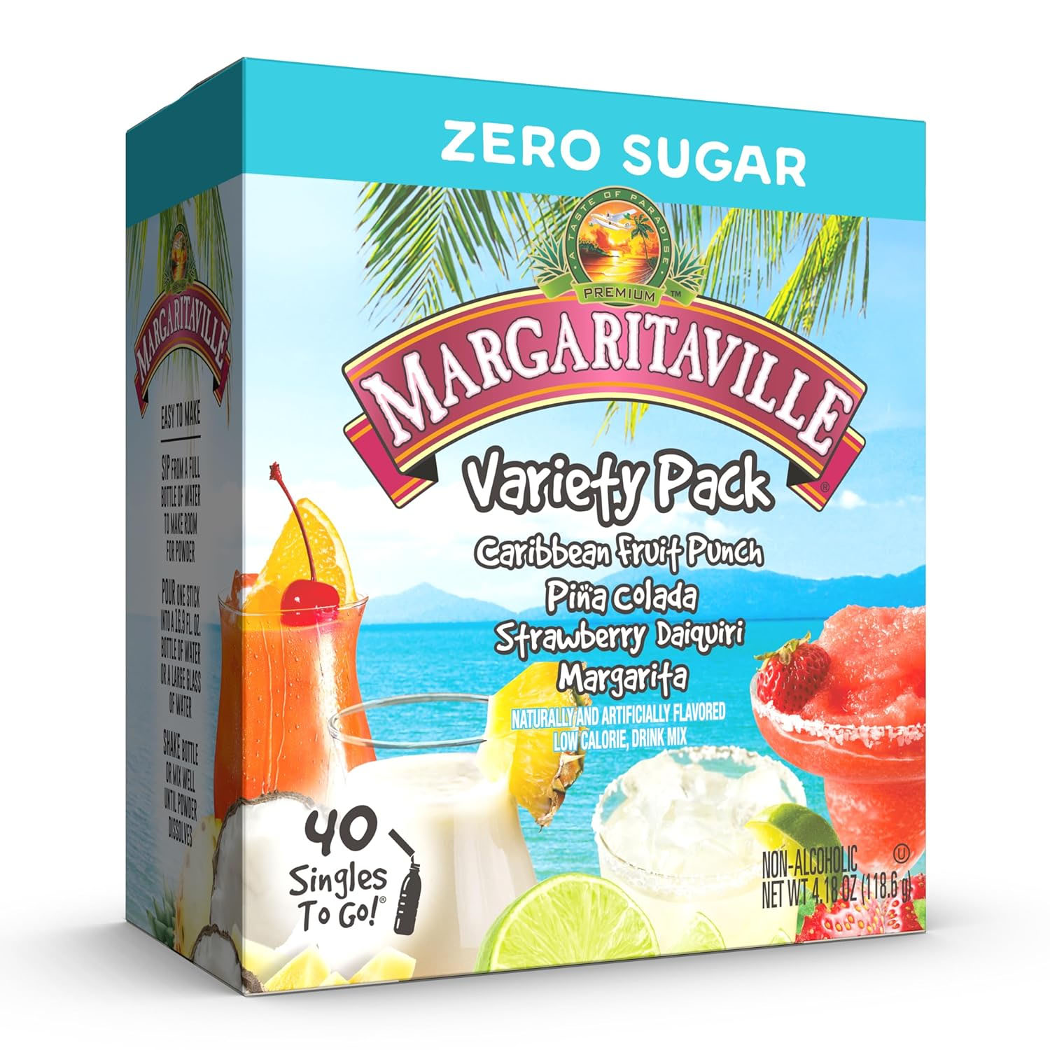 Margaritaville Variety Pack of 40 zero sugar, non-alcoholic drink mixes includes Caribbean Fruit Punch, Piña Colada, Strawberry Daiquiri, and Margarita flavors. Each packet is a low-calorie, singles-to-go option for easy on-the-go beverages.