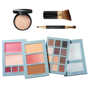 Makeup collection includes powder compact, two brushes, face palettes with cream blush, highlighter, setting powder, ombre blush, bronzer, and eyeshadows; also features a mirrored compact.