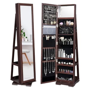 A full-length mirror cabinet which opens to organize various jewelry types; one side showcases storage for necklaces and bracelets, the other side with smaller compartments for earrings and rings.